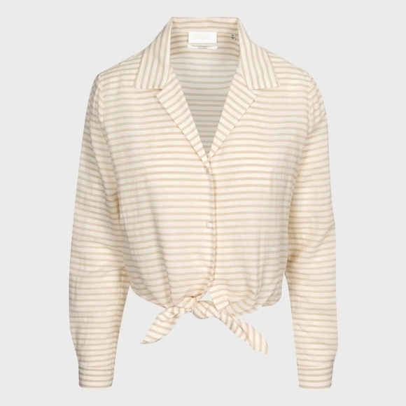 7 FOR ALL MANKIND Long Sleeve Tie Front Shirt in Soft White & Tan Stripe Size L - Picture 1 of 5